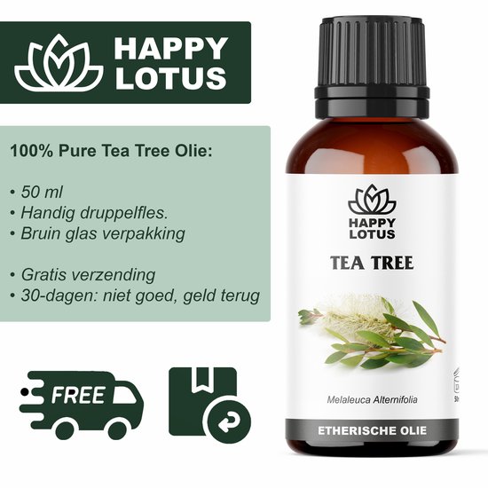 Bruine glazen fles etherische olie met zwart dopje. Label met 'Happy Lotus Tea Tree Etherische olie' en tekst over 50ml.