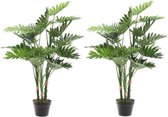 2x Groene Philodendron Monstera/gatenplant kunstplant 100 cm in zwarte plastic pot - Kamerplant kunstplanten/nepplanten