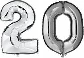 20 jaar zilveren folie ballonnen 88 cm leeftijd/cijfer - Leeftijdsartikelen 20e verjaardag versiering - Heliumballonnen