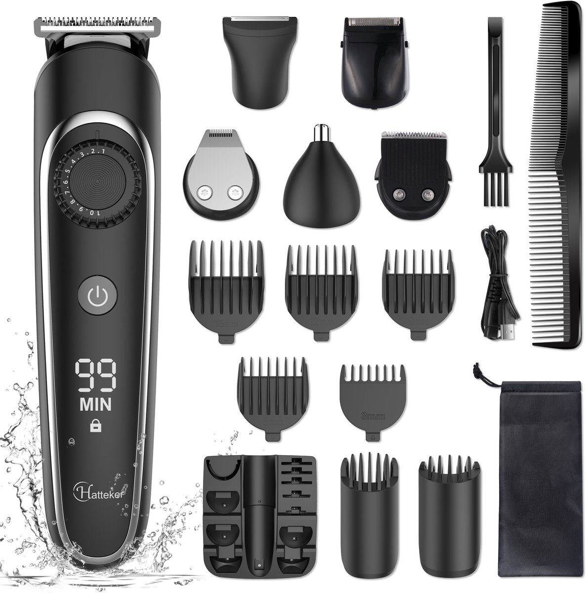Hatteker Baardtrimmer Heren - Tondeuse Verzorgingsset - Elektrisch Scheerapparaat - Snor Neus Oor Lichaam Precisietrimmer - IPX7 Waterdicht - 6-in-1