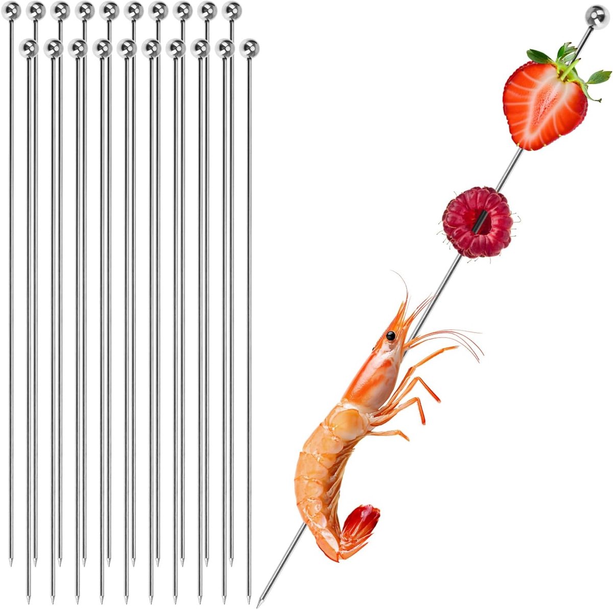 Set van 20 Cocktailprikkers RVS - Herbruikbare Spiesen voor Hapjes, Fruit & BBQ 22 cm