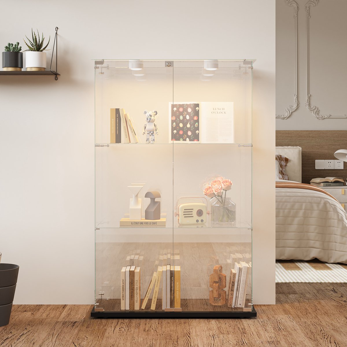Solvenrik Glazen Vitrinekast 2 Deuren – 3 Planken – Spot Verlichting – Afsluitbaar – Zwart Zwart-Spot Verlichting