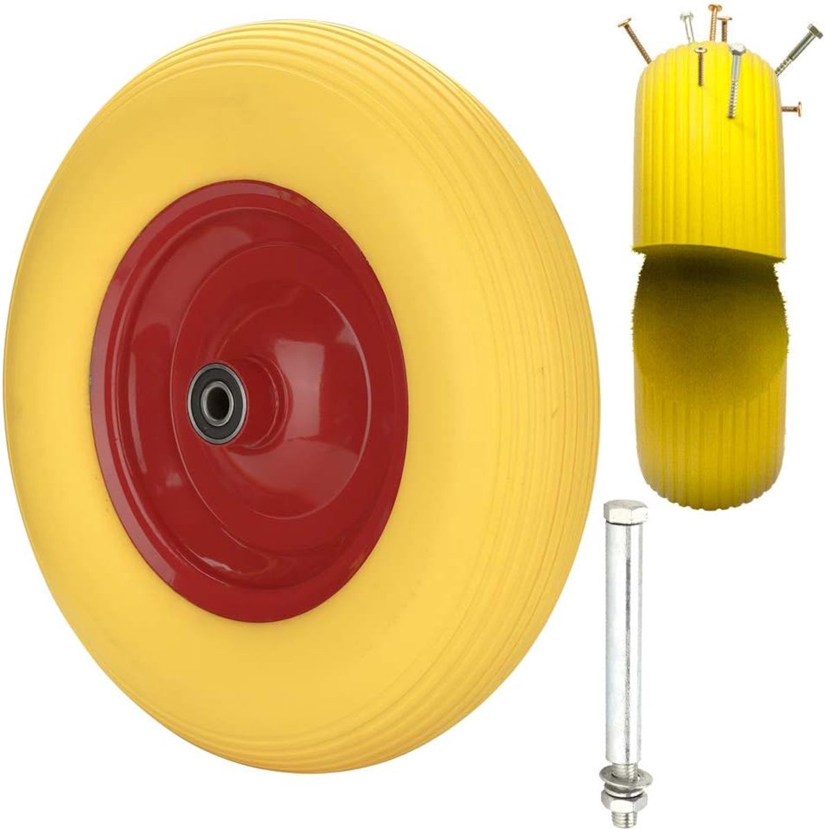 Massief Rubber Kruiwagenwiel met As - Lekvrij & Sterk - 390 mm Diameter