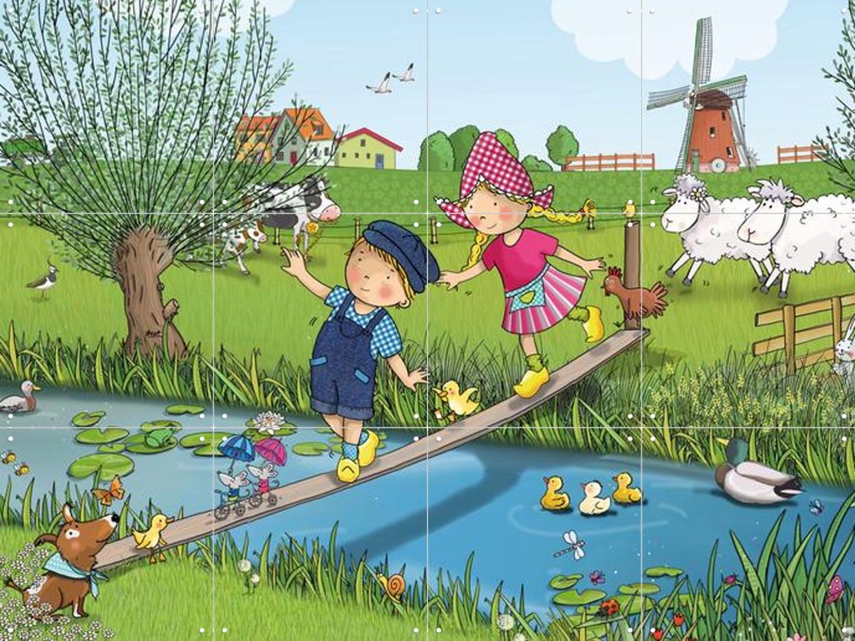 IXXI Fien & Teun op avontuur over de sloot, Fien & Teun & Van Hoorne Studios - 80 x 60 cm - Gratis ophangtool - Grote wanddecoratie en posters -
