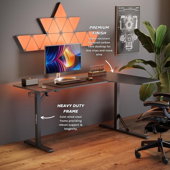 In hoogte Verstelbaar L-vormig Hoek Gaming Bureau 160x100 cm met Kabelbeheer - Zwart — afbeelding 2