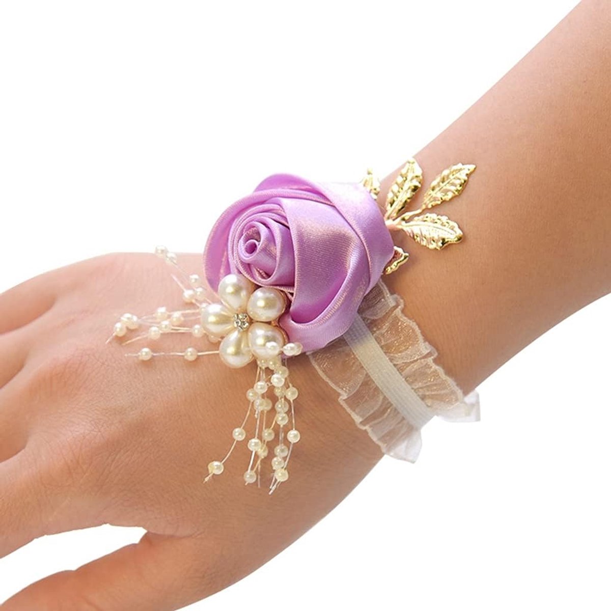 Polsbloem Bruiloft Dames Armband - Galabloem met Parel Imitatie - Melkachtig Wit