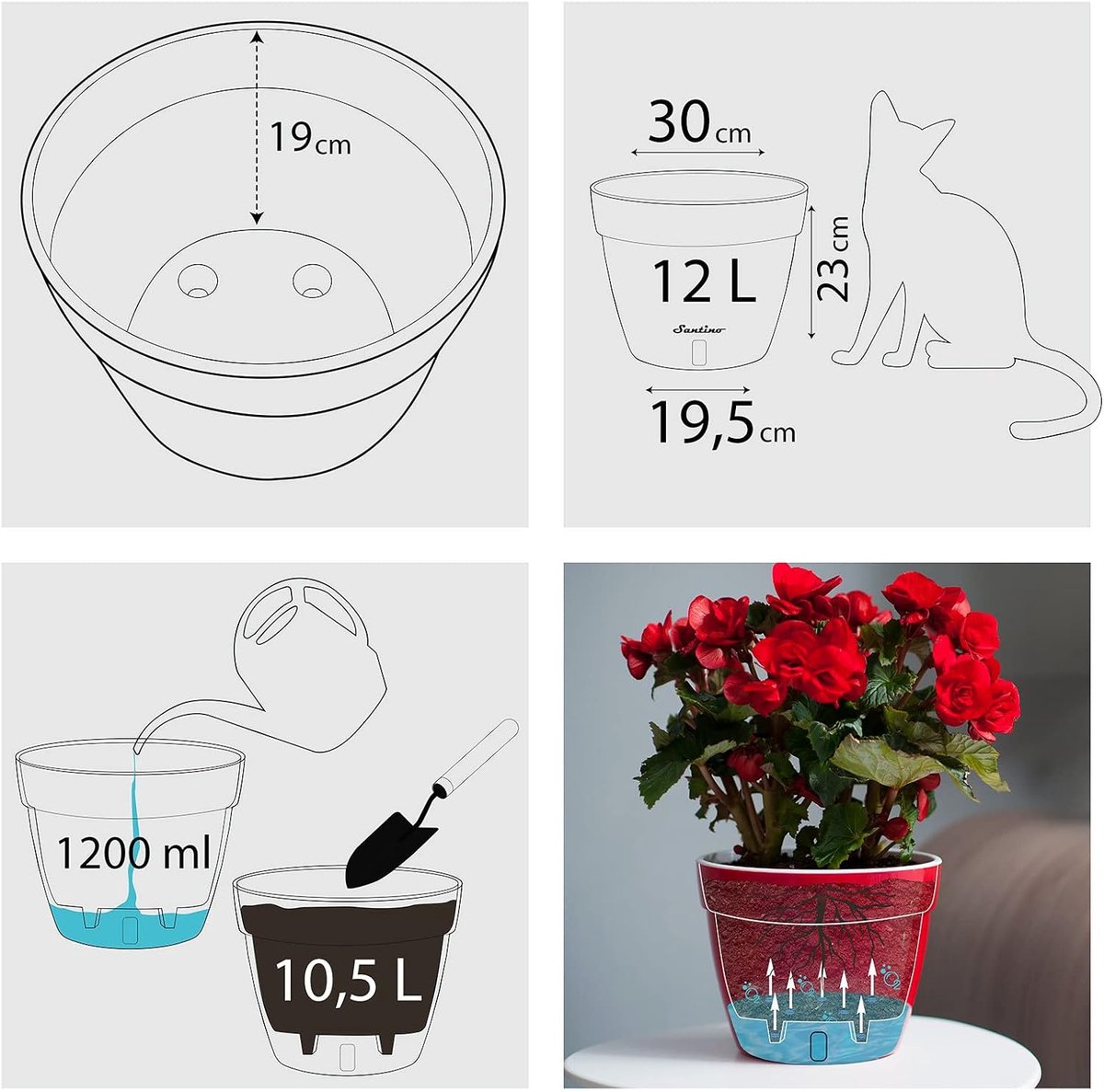 Set van 3 Zelfwaterende Bloempotten 30 cm met Waterindicator - Ronde Plantenpot voor Binnen en Buiten — cadeau in Wonen & Interieur - foto 3