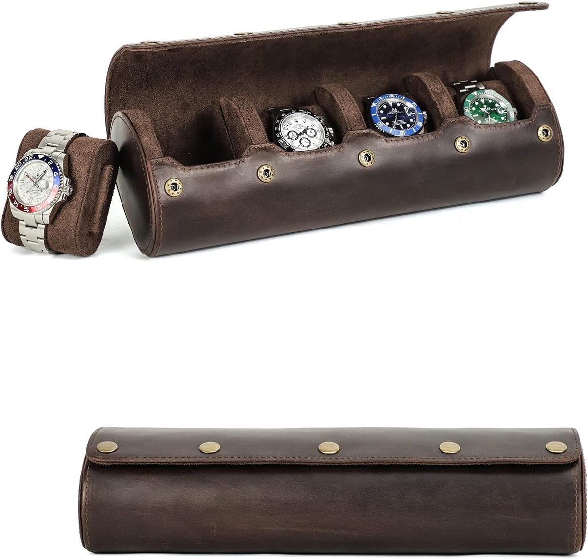 Hiram Watch Travel Case - Leer - Voor 4 Horloges - Horlogeopslagbox - Draagbare Organizer met Glijdende Pads