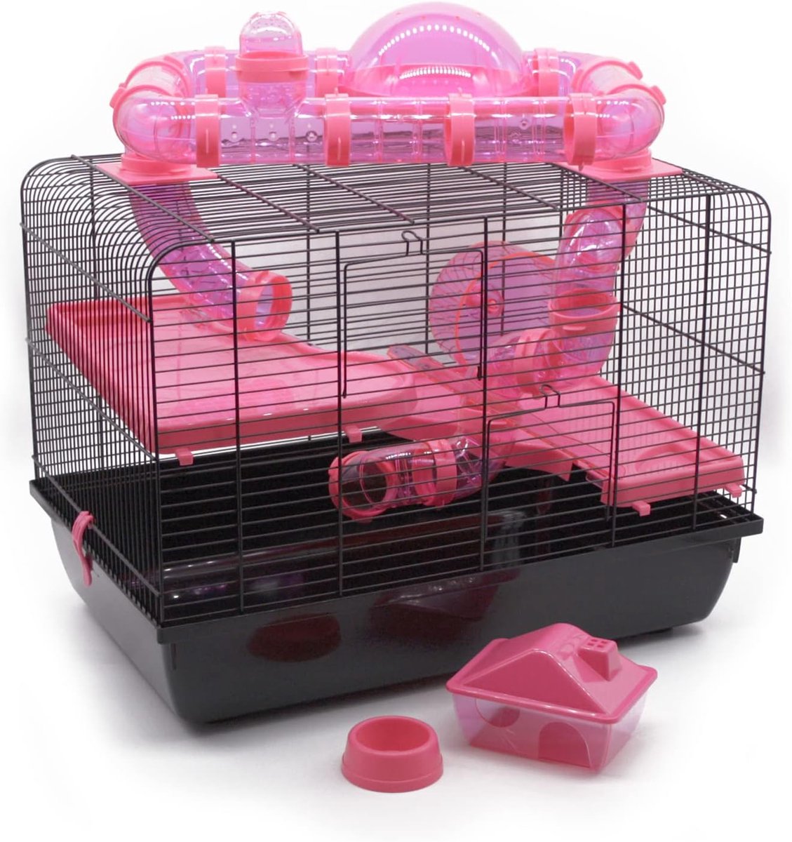 Knaagdierkooi roze met buissysteem en accessoires 58x38x42 cm