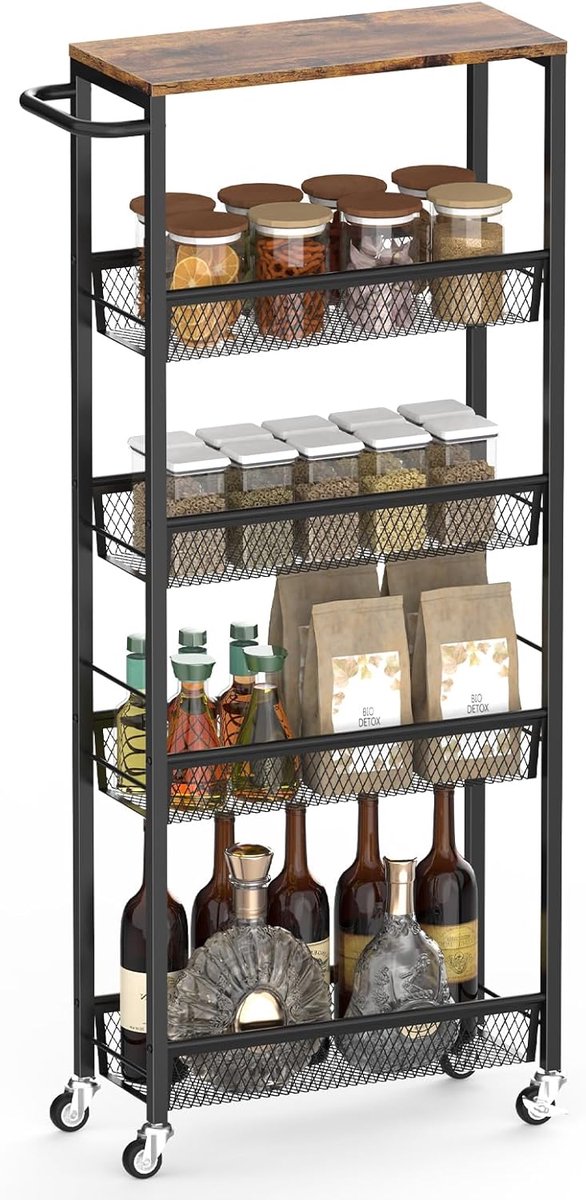 Slanke 5-laags keukenwagen met houten blad en metalen gaasplanken
