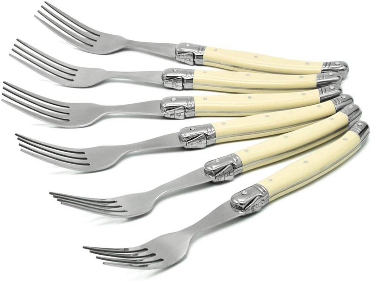 Set van 6 Steakvorken Dinerbestek met Klassieke Ivoren Handgrepen, 22 cm