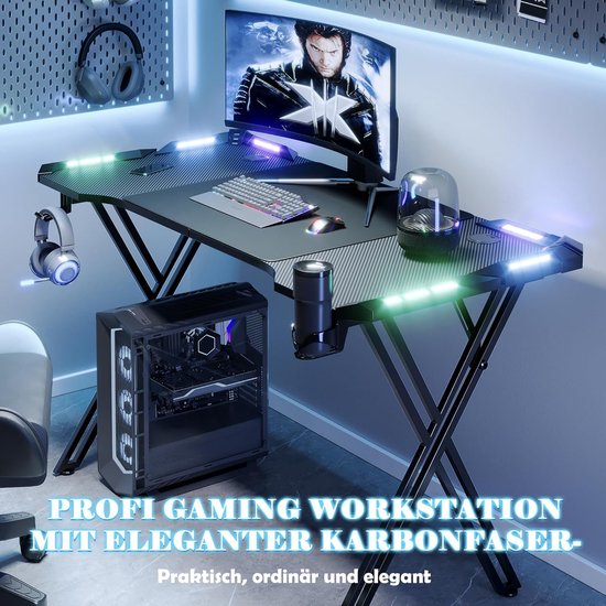 Gametabel 140 cm X-Frame met LED-verlichting, Carbonvezel Effect, Beeldschermhouder, Koptelefoonhaak, Ergonomisch, Zwart van Merkloos — afbeelding 2