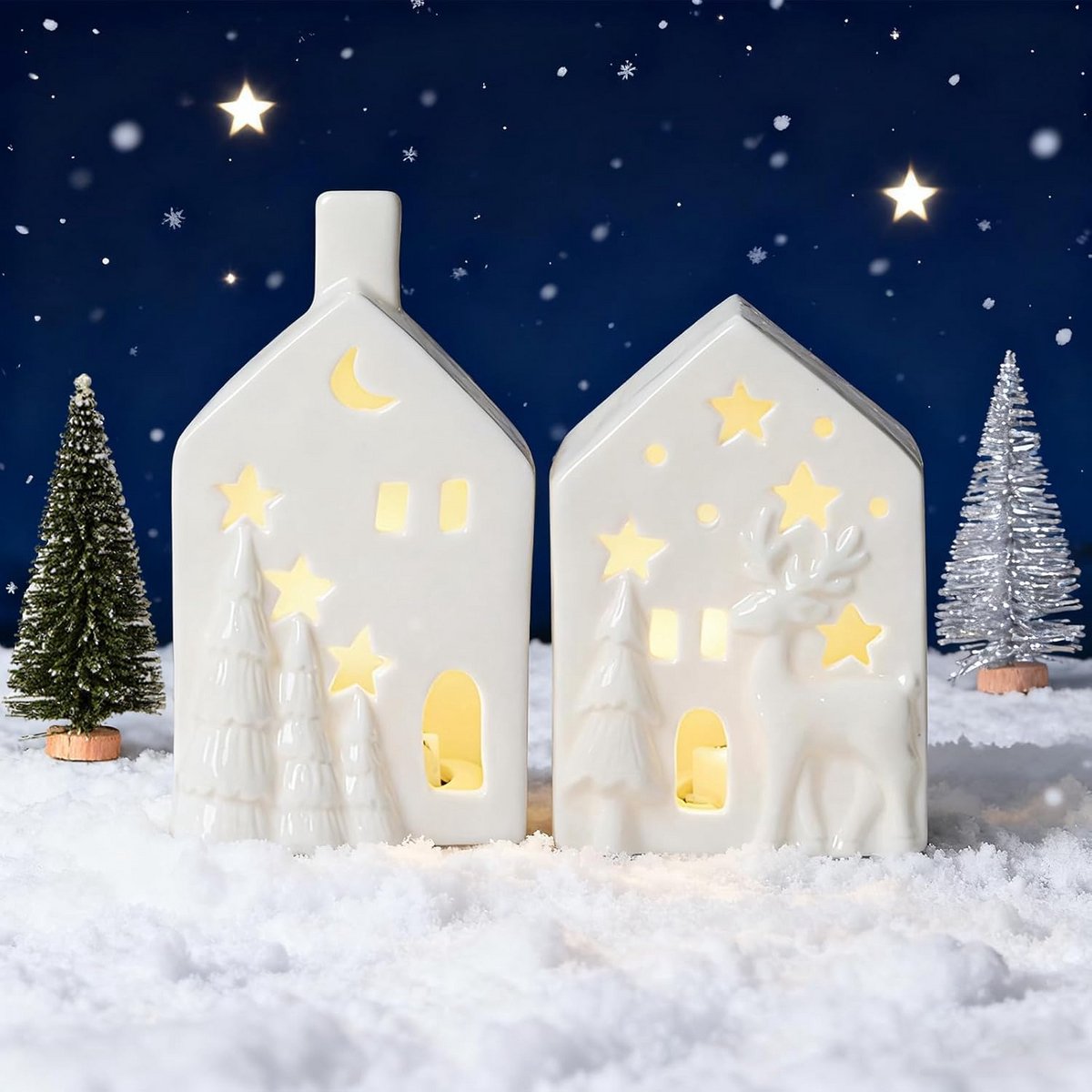 Verlichte Kerstboerderij Set van 2 Kerstdorp Huisjes met Mini Boompjes – foto 2