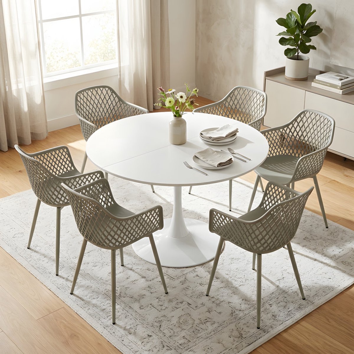 EGGREE eettafel en stoelen set - tafel met een diameter van 100 cm en 6 grijze stoelen - geschikt voor bar - keukeneiland -café en eetkamer. Wit-R6G