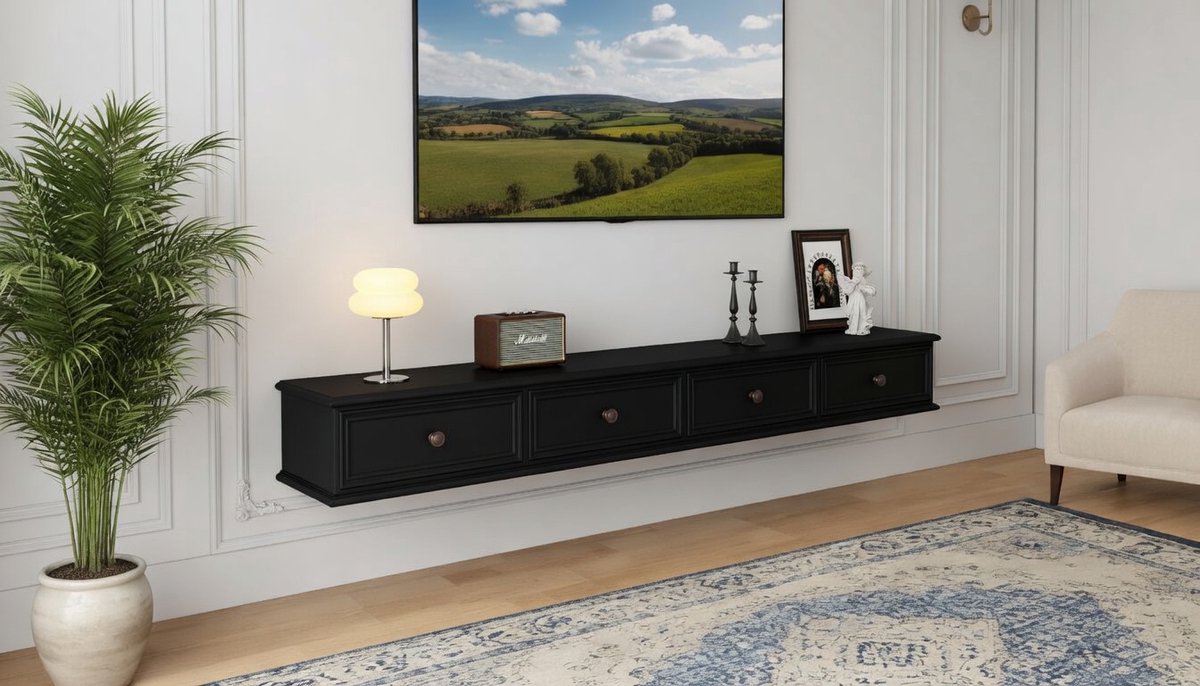 TV Meubel Zwevend Casa Velluto NoirFloat 140 cm – Zwart Modern TV Kast met Lades en Kabelmanagement – Floating TV Meubel Wandmontage – Minimalistisch Design – 140x24x20 cm