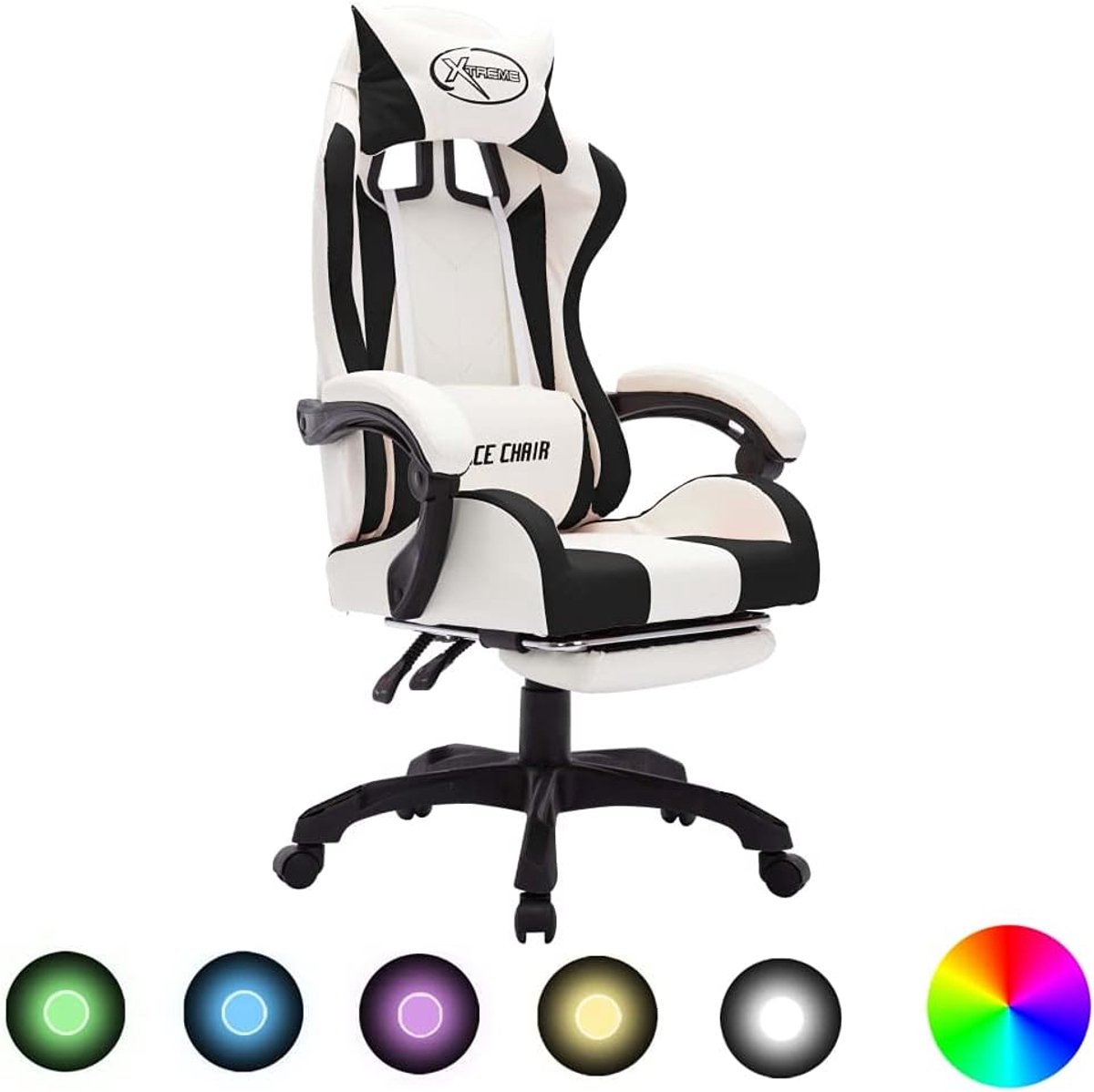 Comfortabele Race Stoel met RGB LED Verlichting - Zwart en Wit Kunstleer