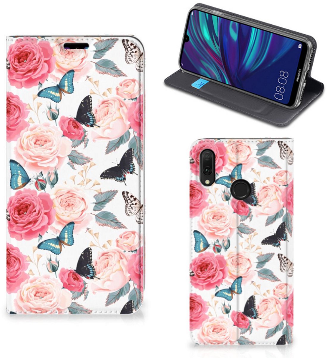 Huawei Y7 hoesje Y7 Pro (2019) Smart Cover Butterfly Roses