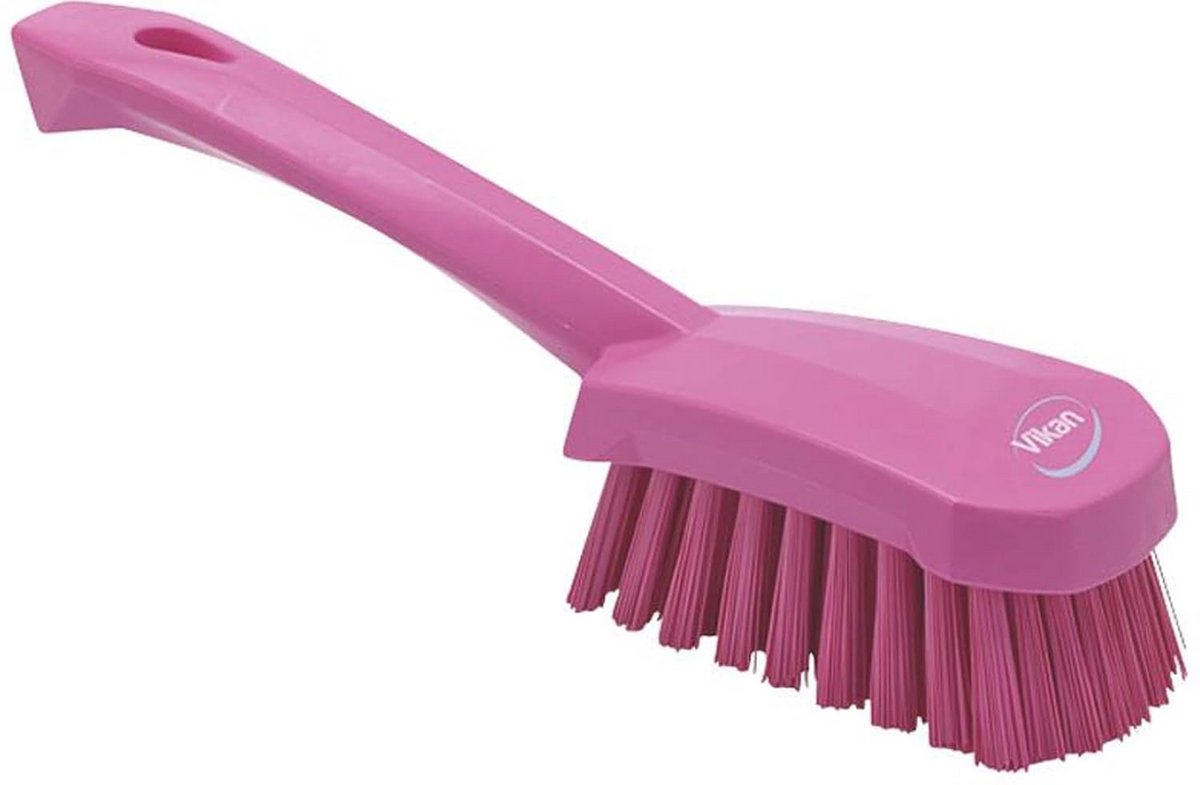 Hygiene Afwasborstel - Korte Steel - Harde Borstelharen - Roze
