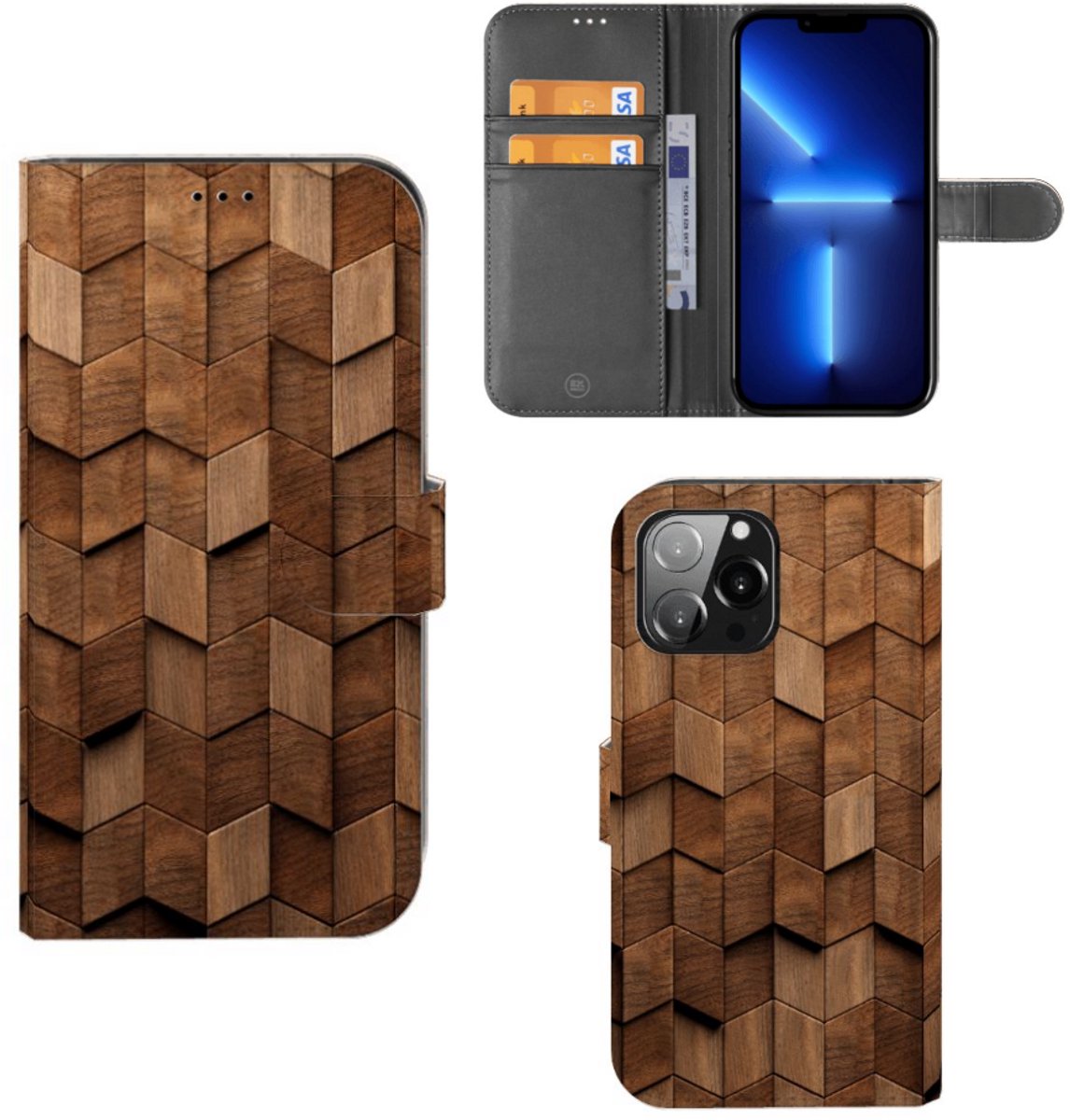 Book Style Case voor iPhone 13 Pro Max Wooden Cubes