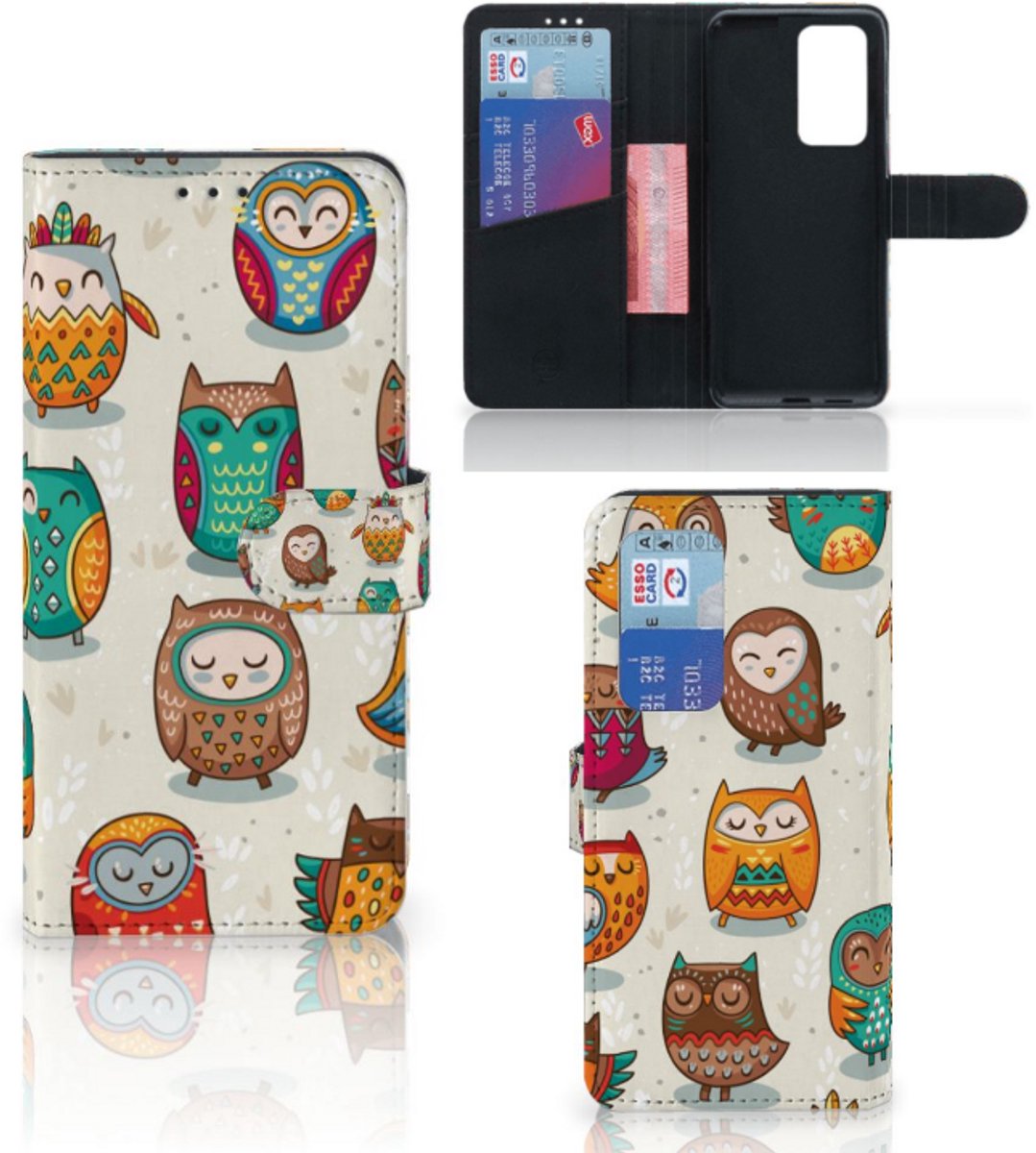 Huawei P40 Pro Telefoonhoesje met Pasjes Vrolijke Uilen