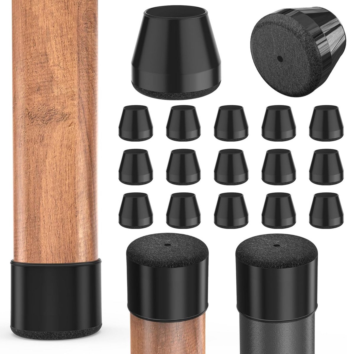 Stoelpootbeschermers met Vilt - 16 Stuks Vloerbeschermers voor Stoelen, Barkrukken (Zwart, Pasvorm: 4,1-5 cm)