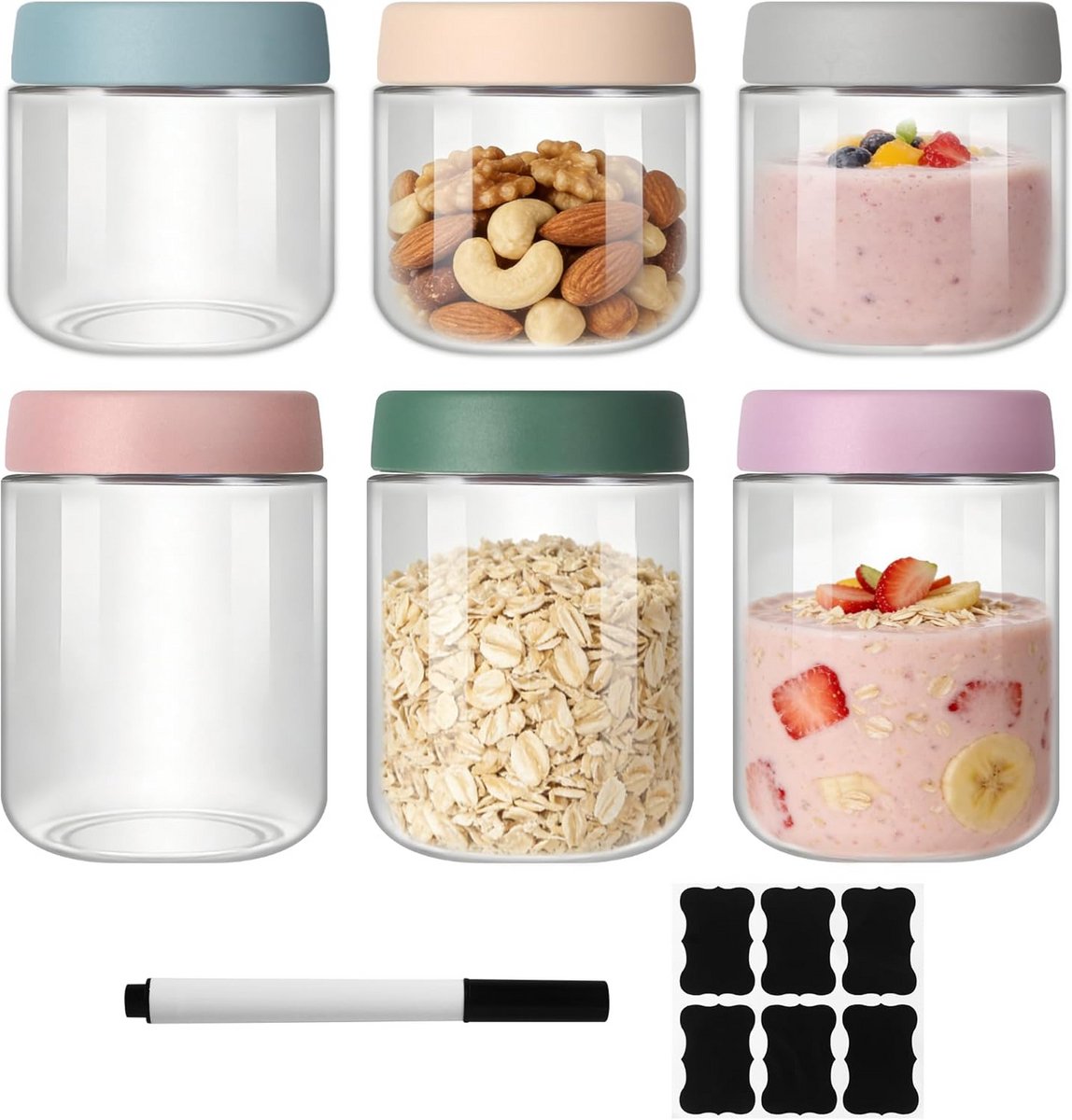 Overnight Oats Potjes - Glazen Potjes met Deksel - Muesli Beker - Yoghurtbeker - Ontbijtplan