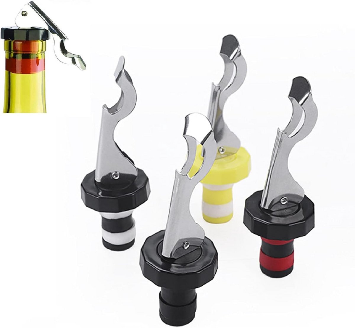 4-pack Wijnstoppers - flesdoppen - kurkentrekker - Wijnopener - flessenstop - plastic - multi-color