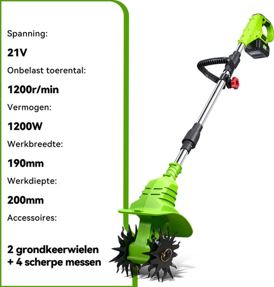 ONEGREEN Accu Grondfrees - 1200 tpm - Elektrisch Tuinfrees - met 2x Accu's - 20 cm werkdiepte - 19 cm werkbreedte - voor het losmaken en beluchten van OneGreen — afbeelding 3