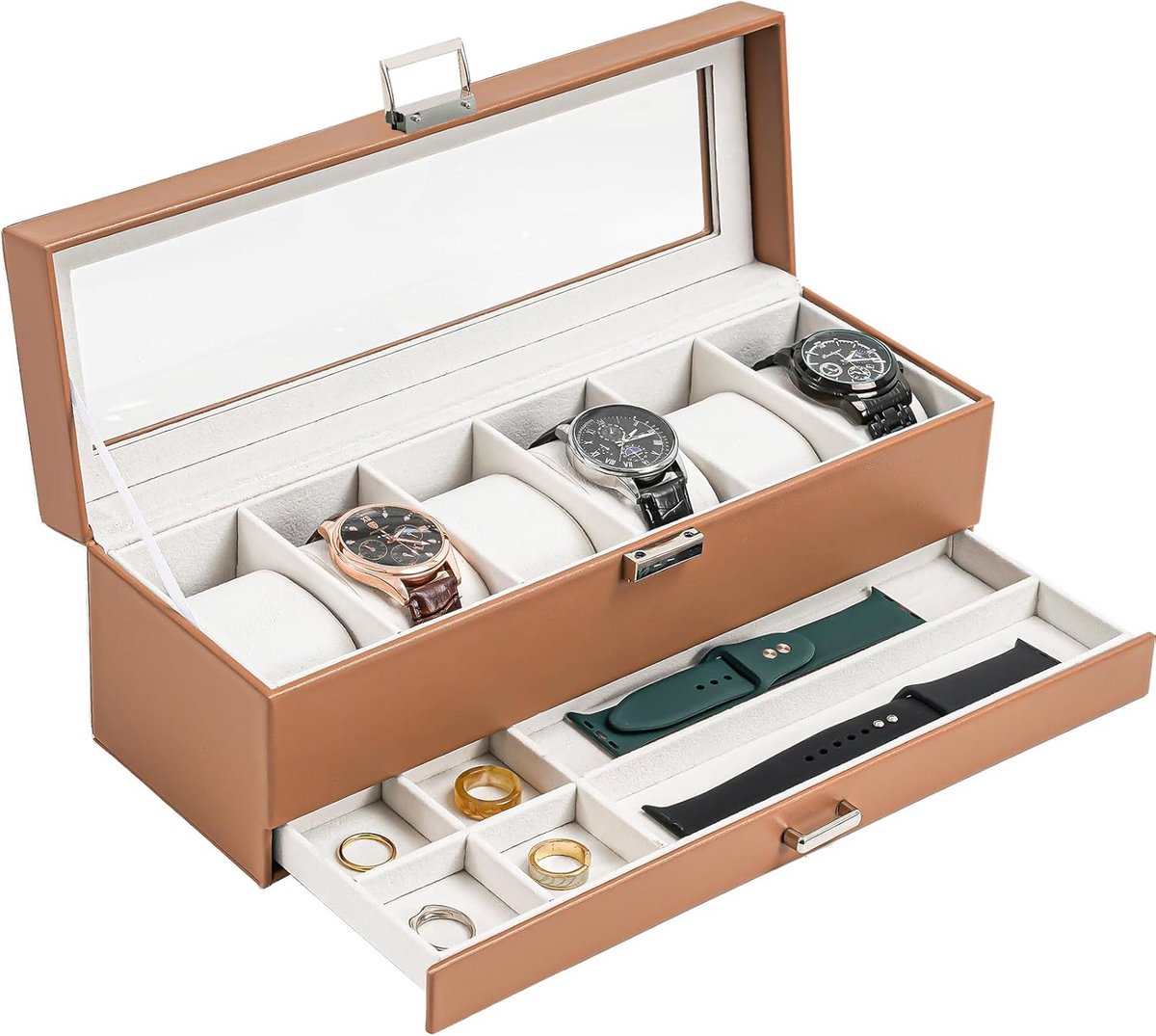 Heren Horlogehouder met Glasdeksel en Lade - 6 Slots voor Horloges, Sieraden en Horlogeopslag