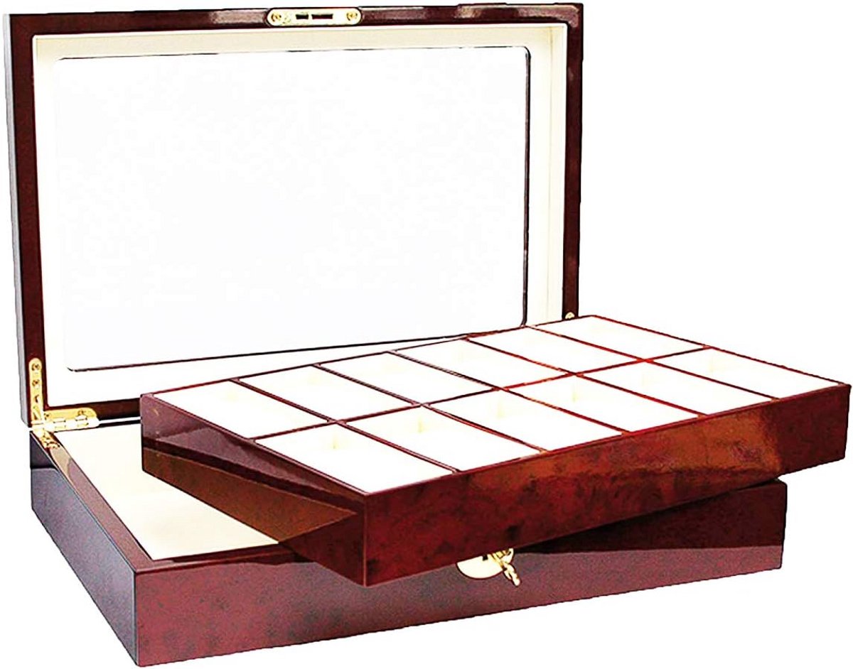 Houten Horlogebox voor 12 Horloges - Mahonie Kleuren - Transparante Deksel en Slot