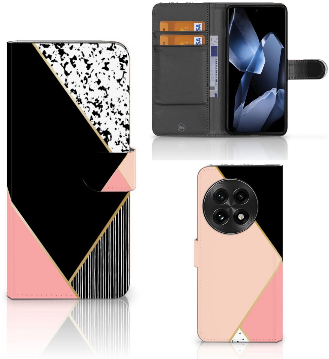 OnePlus 13 Book Case Zwart Roze Vormen
