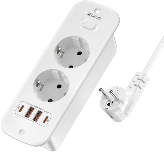 Praktisch Inbouwstopcontact Met USB – 6-in-1 Lader Voor Bureau, Keuken Of Werkblad – Met 2 Stopcontacten, 2x USB-C (PD 20W) En 2x USB-A – Incl. 2 Meter Kabel – Wit