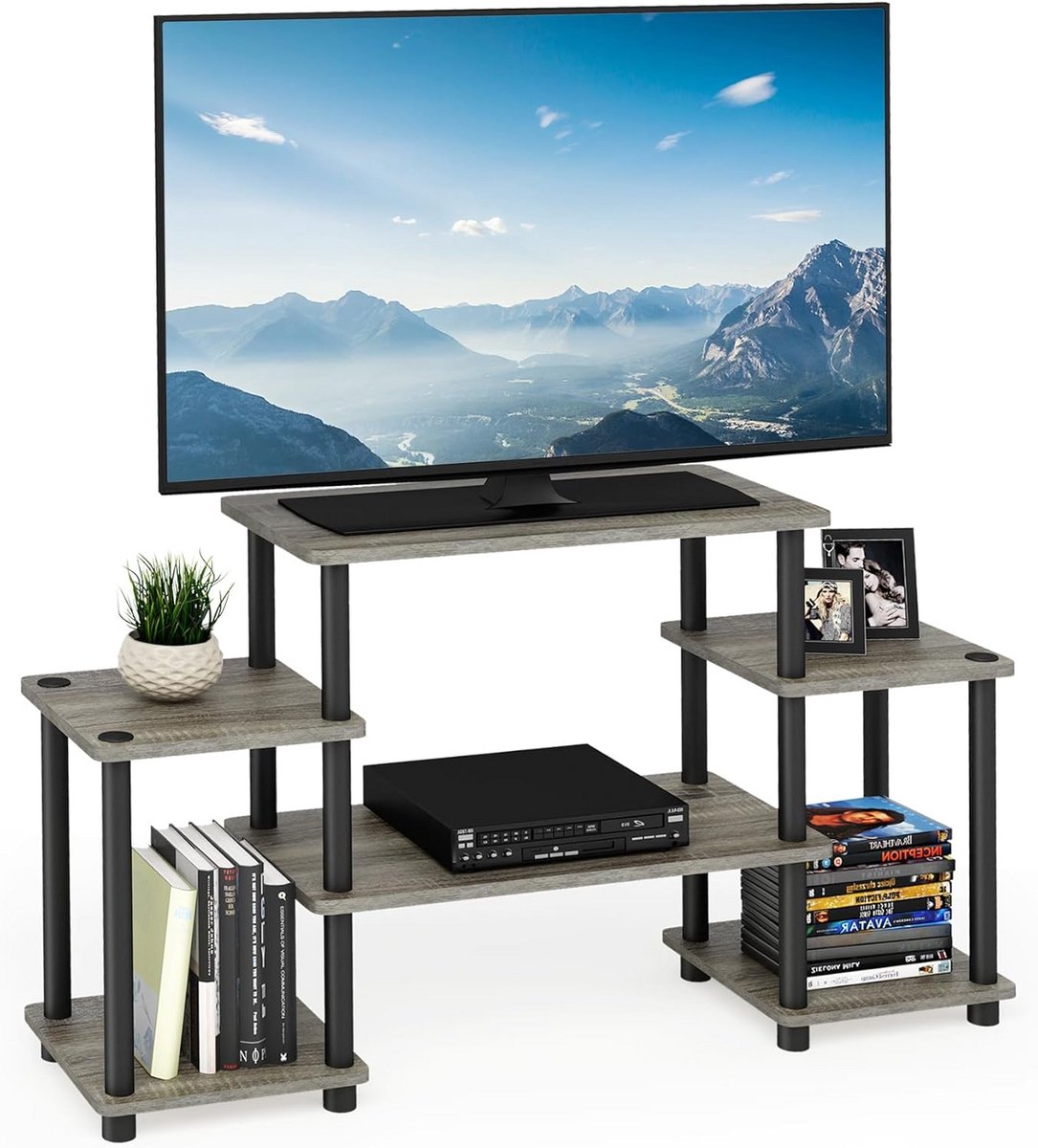 Moderne TV-standaard zonder gereedschap in Frans eiken en zwart, 105,4 x 58 x 29,5 cm