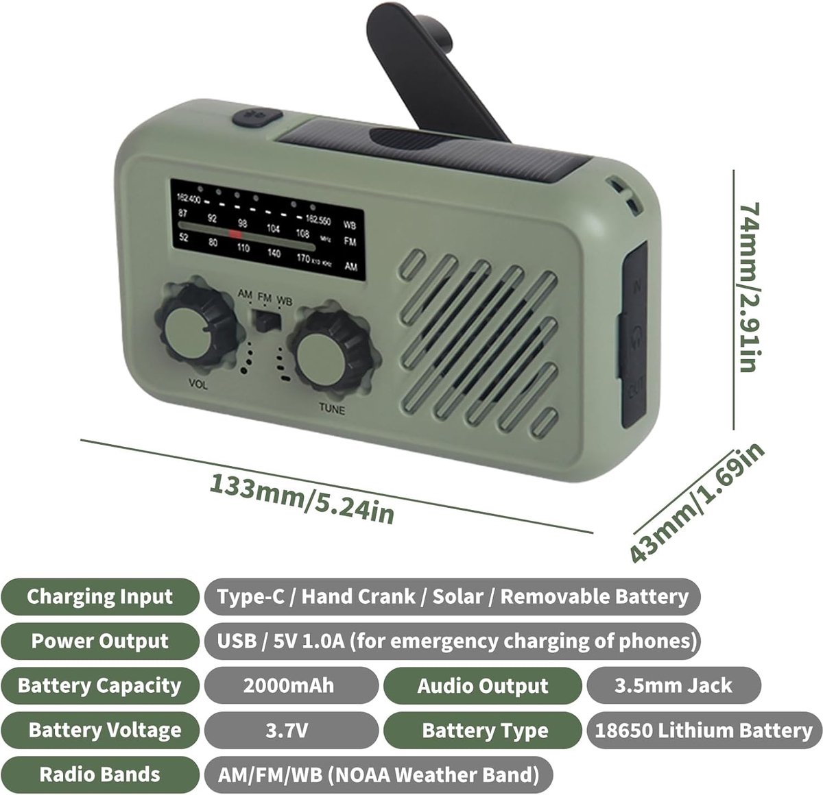 Noodweer Radio met Zonne-energie, Handmatig Op te Winden en LED Zaklamp