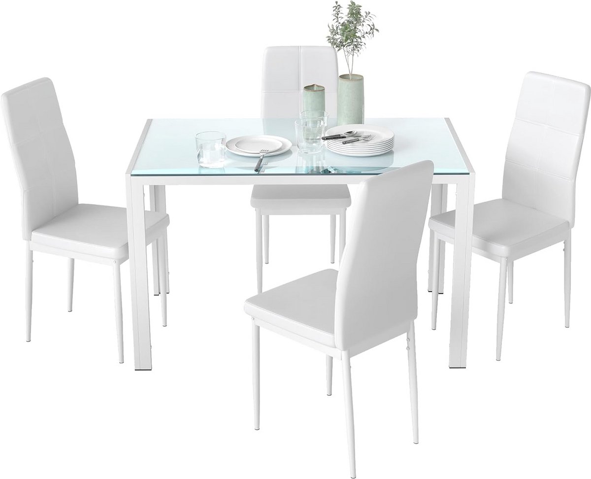 Eettafelset voor 4 Personen met Stoelen, Rechthoekig Glas en Metalen Frame, Ideaal voor Keuken en Woonkamer