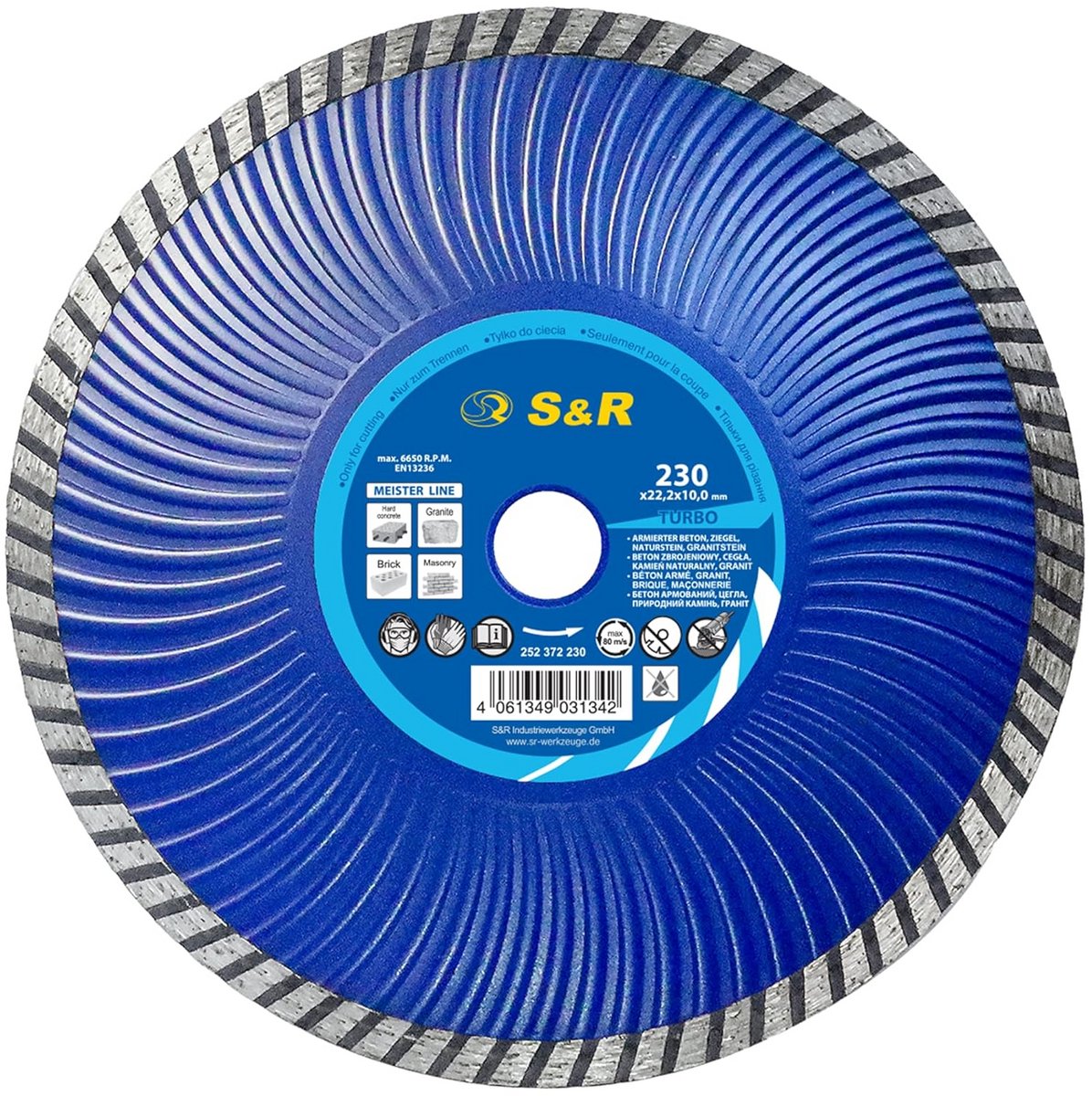 Diamantdoorslijpschijf 230x22,2x10,0 mm Turbo voor Haakse Slijpmachines - Ideaal voor Gewapend Beton, Graniet en Natuursteen
