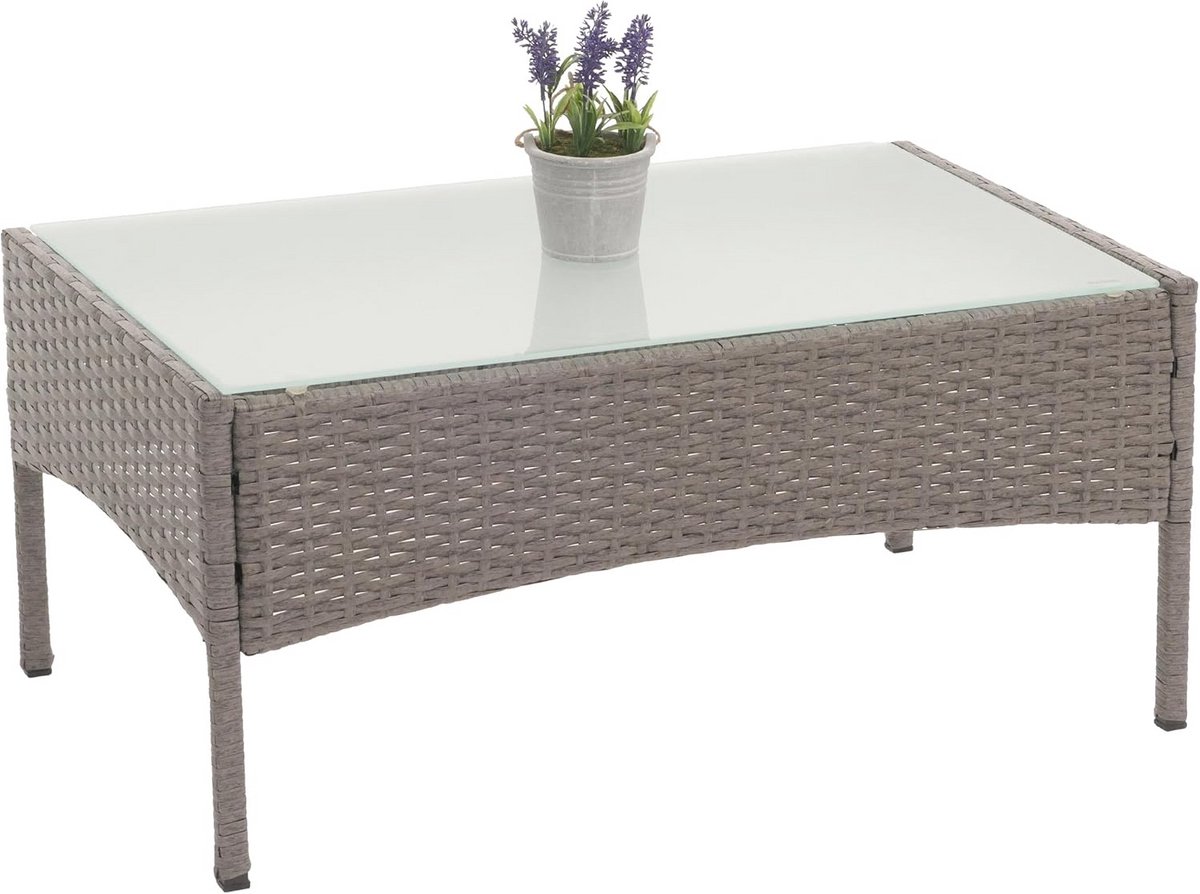 Polyrotan tuintafel met glasplaat - grijs - Bijzettafel voor tuin en woonkamer