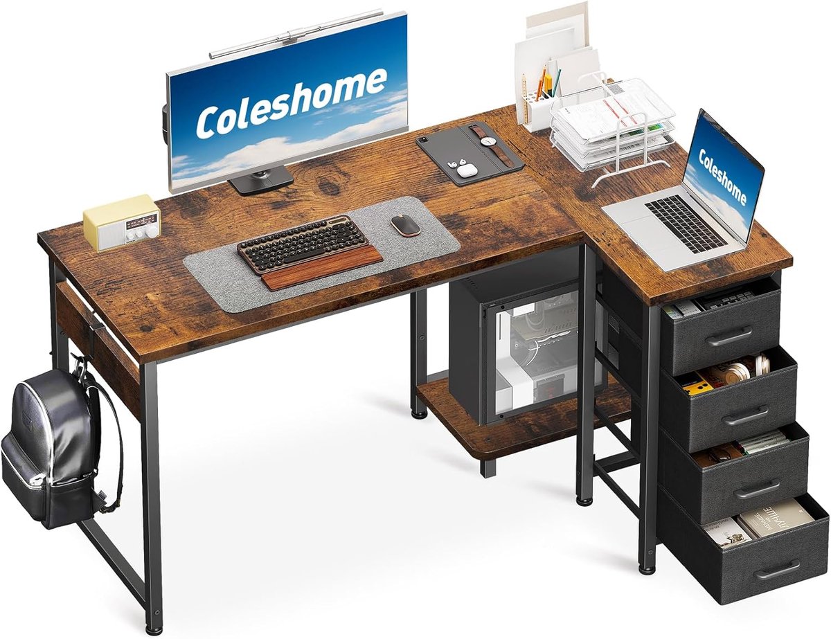 Hoekbureau L-vormig met 4 lades, Omkeerbaar computermeubel voor kantoor of slaapkamer