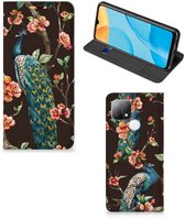 Stand Case OPPO A15 Phone Case Paon avec des Fleurs