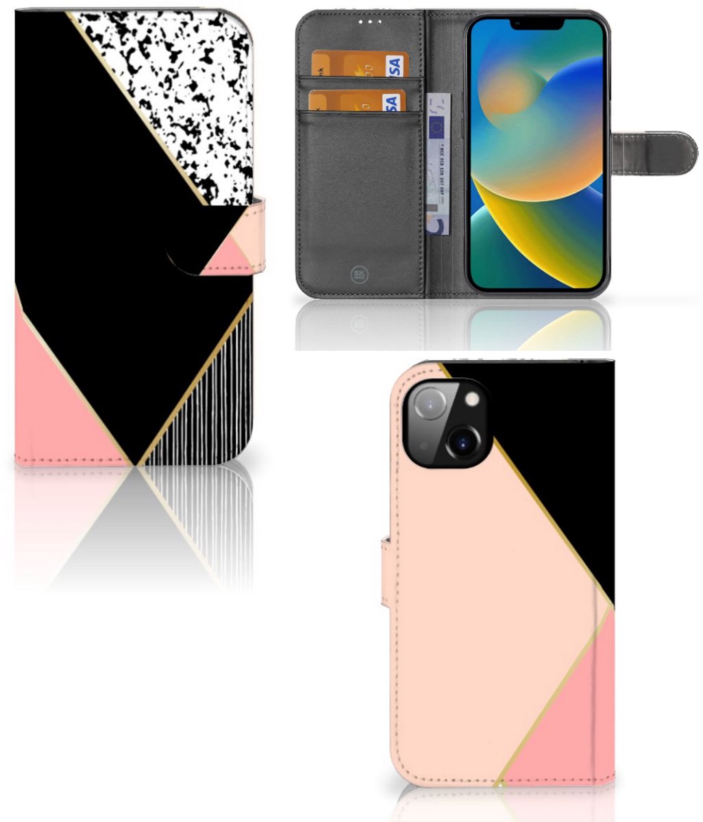iPhone 14 Plus Book Case Zwart Roze Vormen