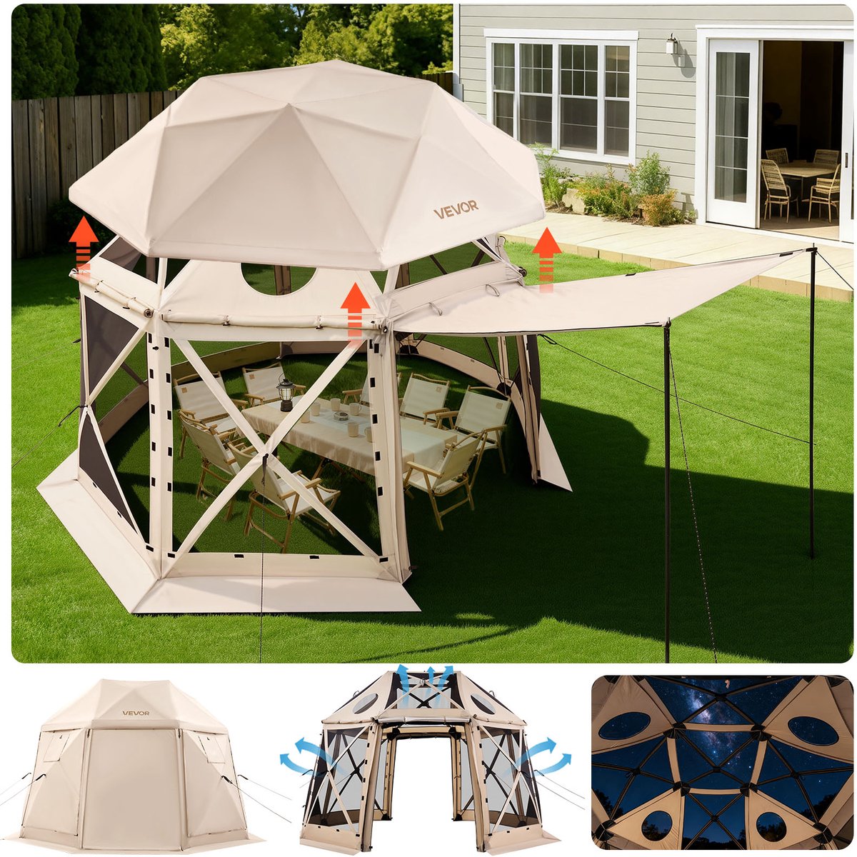 VEVOR Pop-Up Paviljoen 3,6 X 3,6 M, 13-Zijdige, Bolvormige Campingtent Met Afneembaar Dak en Draagtas, 360° Ventilatie, Zonwering, Partytent voor 8-10 Personen, Beige