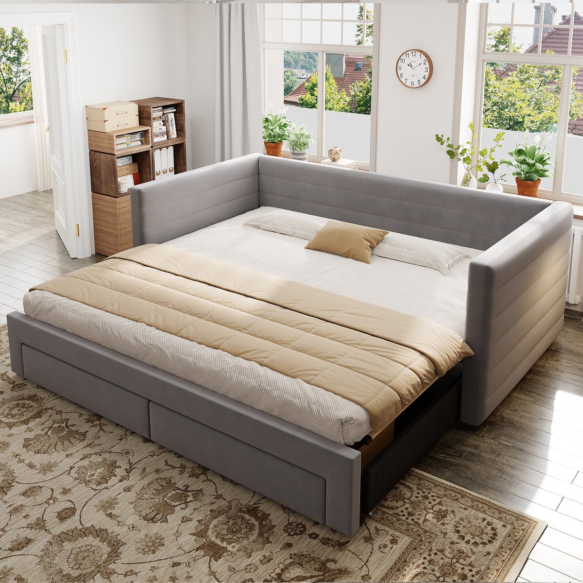 MIVRAY Gestoffeerd Slaapbankbed 90x190cm - Drie-in-één Uitschuifbaar Met Lades Zonder Matras - Om te Bouwen Tot 180x190cm - Grijs