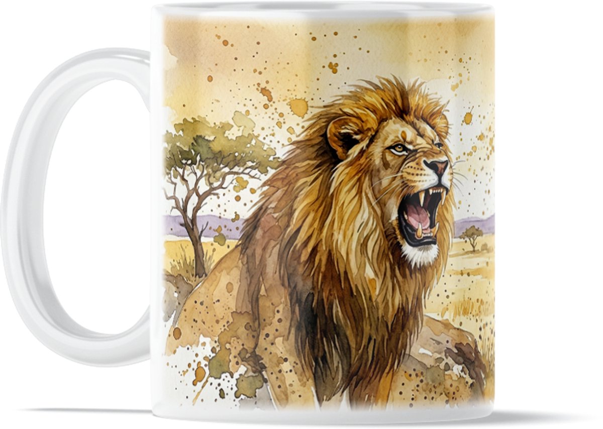 Aquarel Series Koffiemok met Brullende Leeuw op de Savanne - Theemok voor op het Werk & Kantoor - Unieke Dierenprint Drinkbeker met Afrikaans Wildlife Ontwerp - Cadeau voor hem & haar: Vrouw, Vriend, Vriendin of Collega - Safari Natuur Design