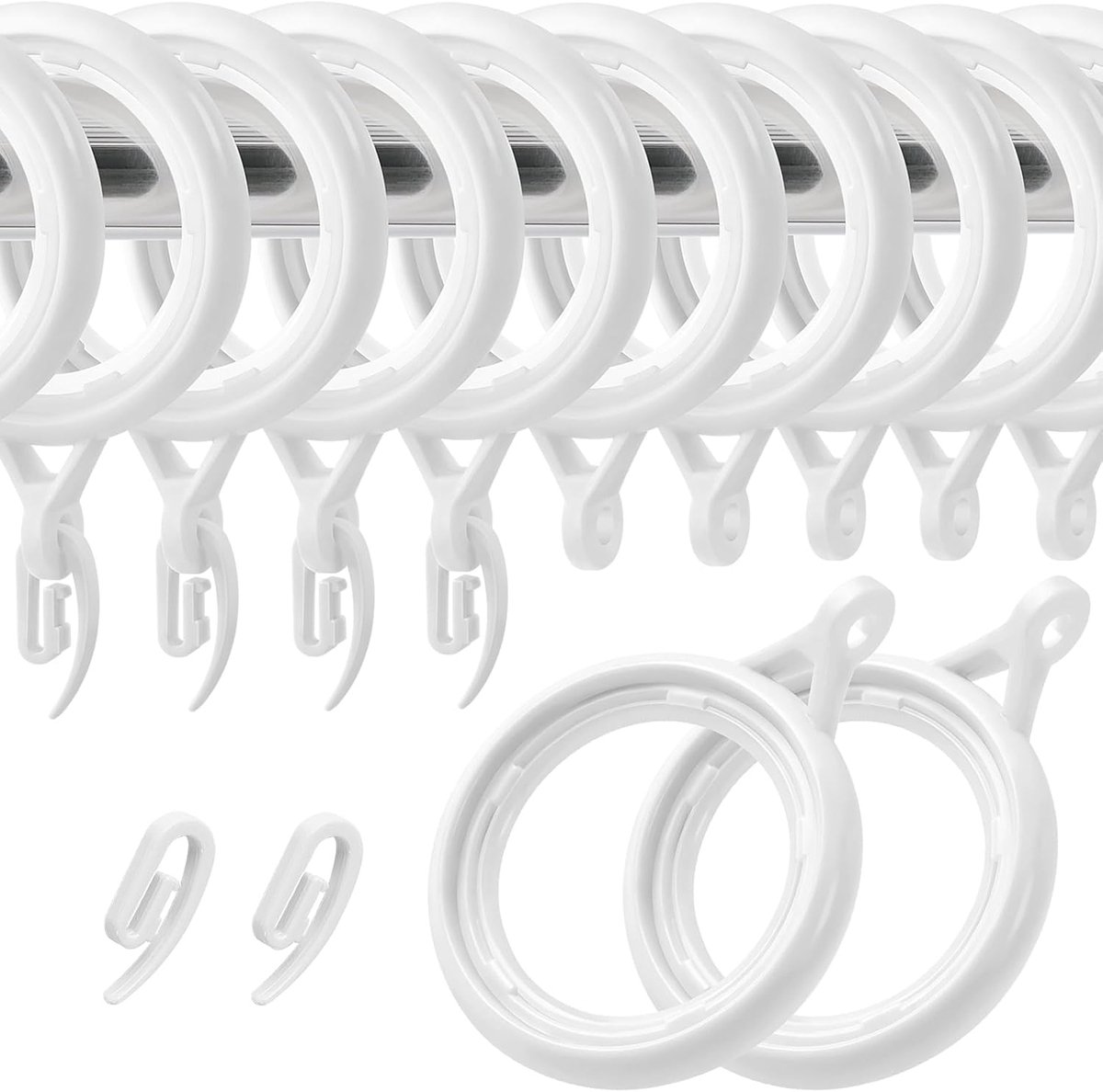 WCIC Set van 32 gordijnringen en haken - wit 40 mm kunststof hangende ringen met haken voor gordijnen