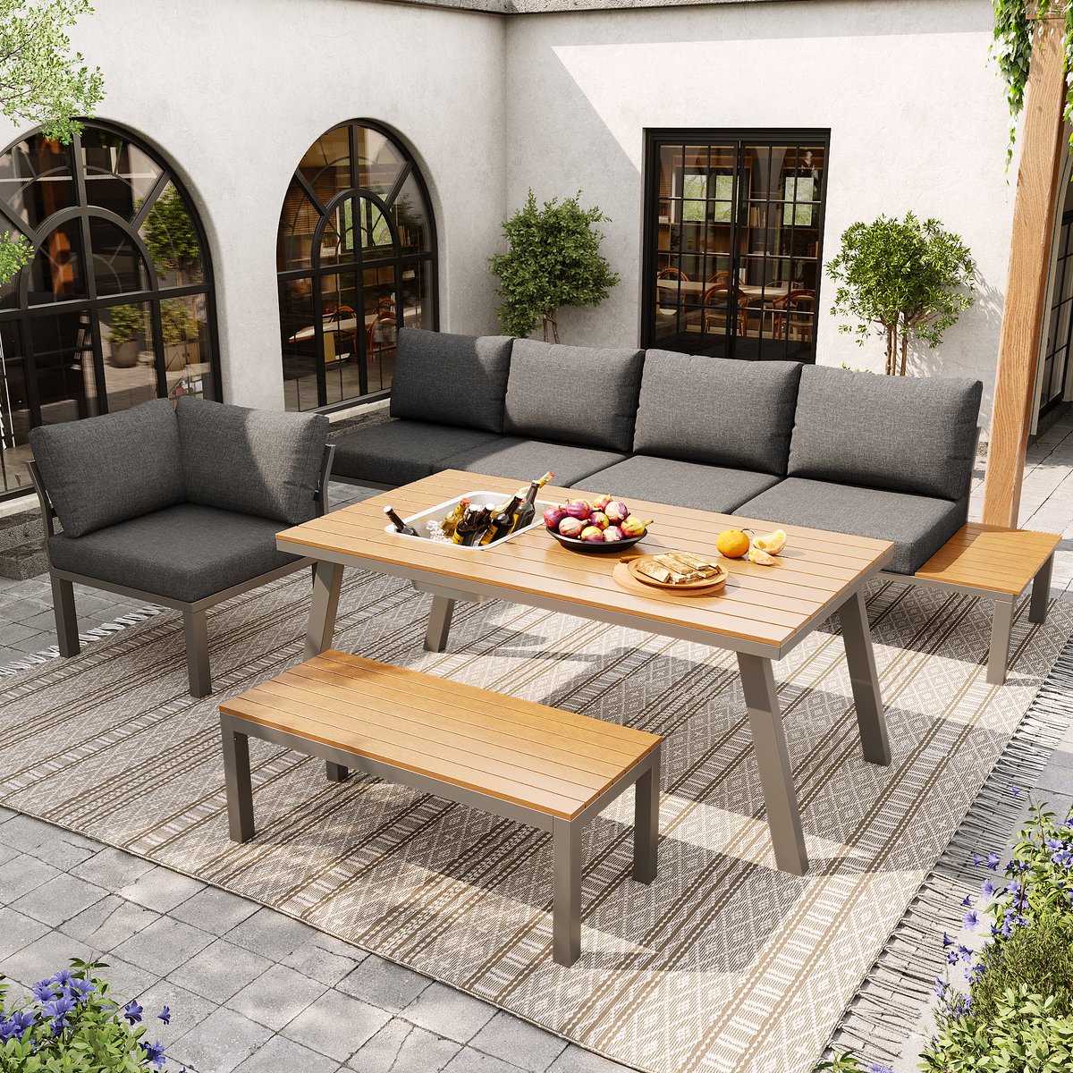 Wishdor - Tuinloungeset - Met Uitneembare IJsemmer - Verzinkt IJzeren Frame - Tafelblad Van Kunststofhout - Grijs - 5-Delig