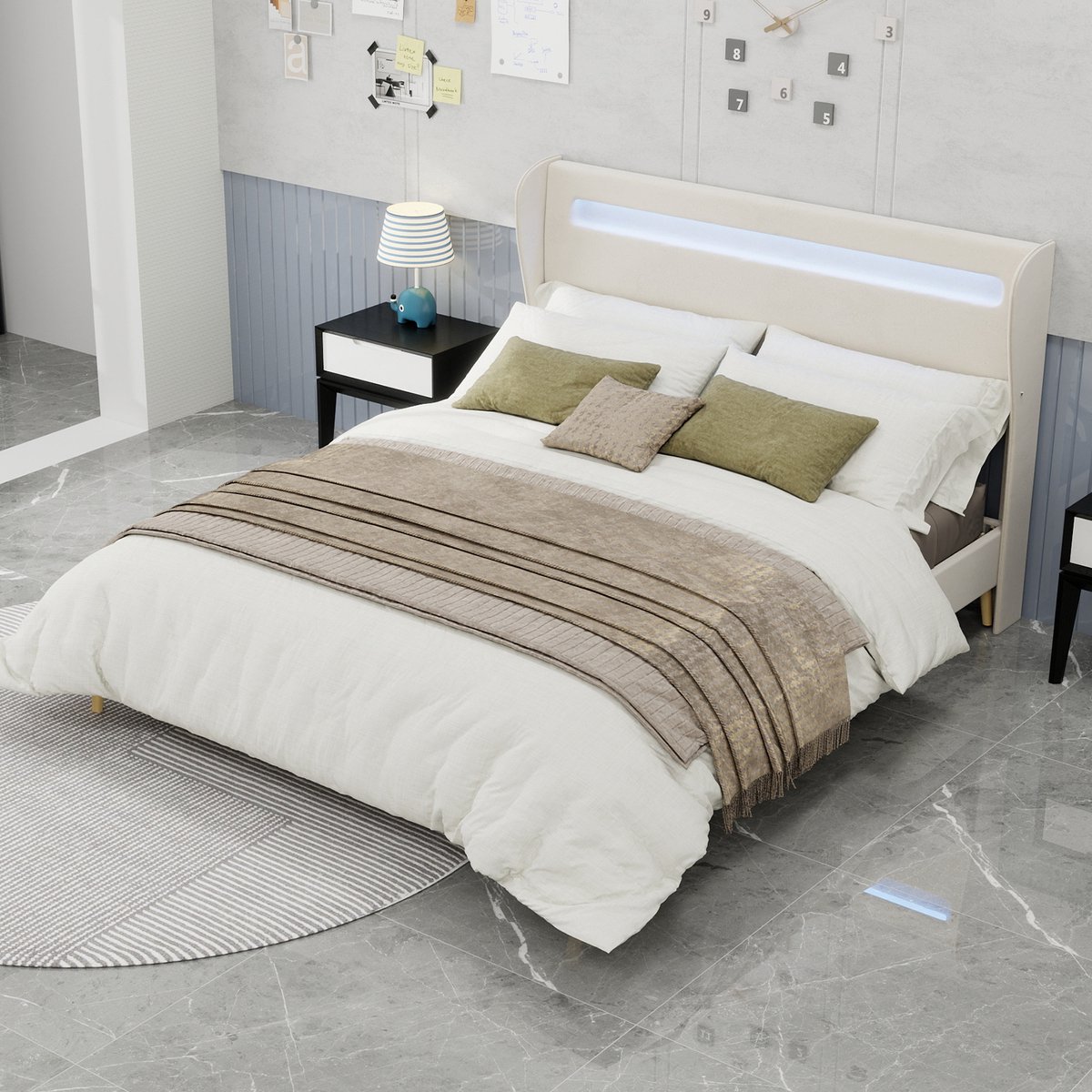 MIVRAY Gestoffeerd Bed 160x200cm - Bed Met Verstelbaar Hoofdbord En Instelbare Ledverlichting - Zonder Matras - Stof Metaal - Beige