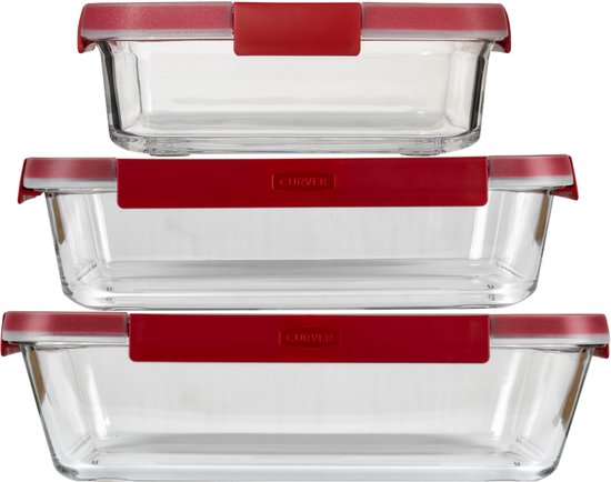 Curver Smart Cook Ovenschalen - Glas met deksel - Set van 0,9L + 2,3L + 3,7L - Rood/Transparant