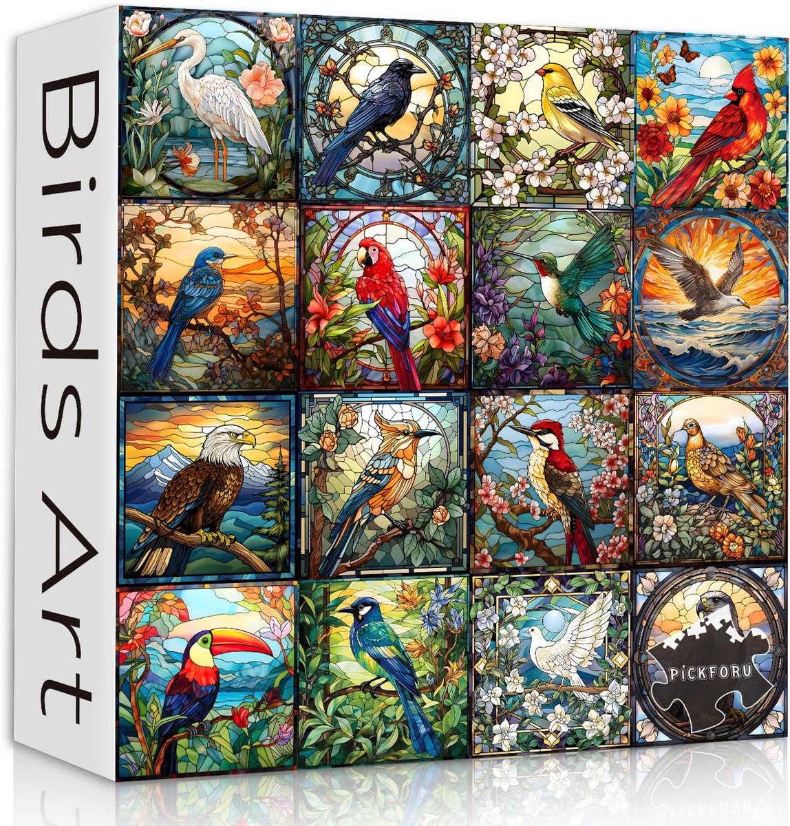 Glas-in-loodpuzzel - Vogelpuzzel Bloem Legpuzzel - Ontspanning Thuis - 16 Levendige Vogelsoorten - 60.58 x 60.58 cm - Multicolor