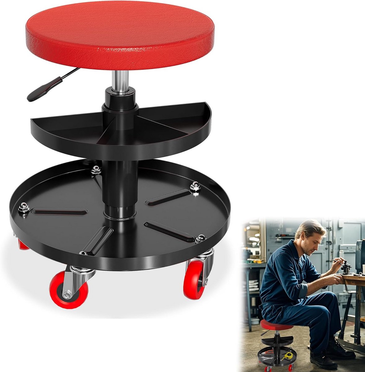 Werkplaatskruk met Wielen, In Hoogte Verstelbaar, Ergonomische Montagekruk