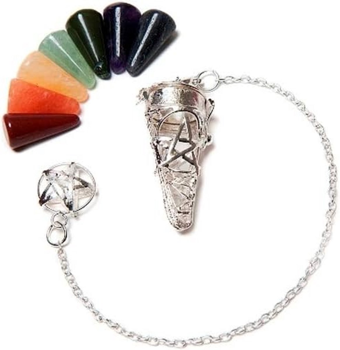 Pendel met Pentagram en 7 Chakra Edelstenen, Verzilverd